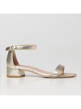 Stuart Weitzman Metallic Gold Ankle-Strap Low Block Heel Sandals, Size 6